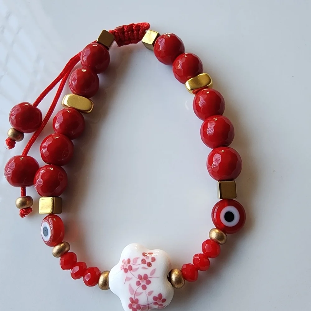 Red Beaded Bracelet with Floral Charm - Picture 4 of 4